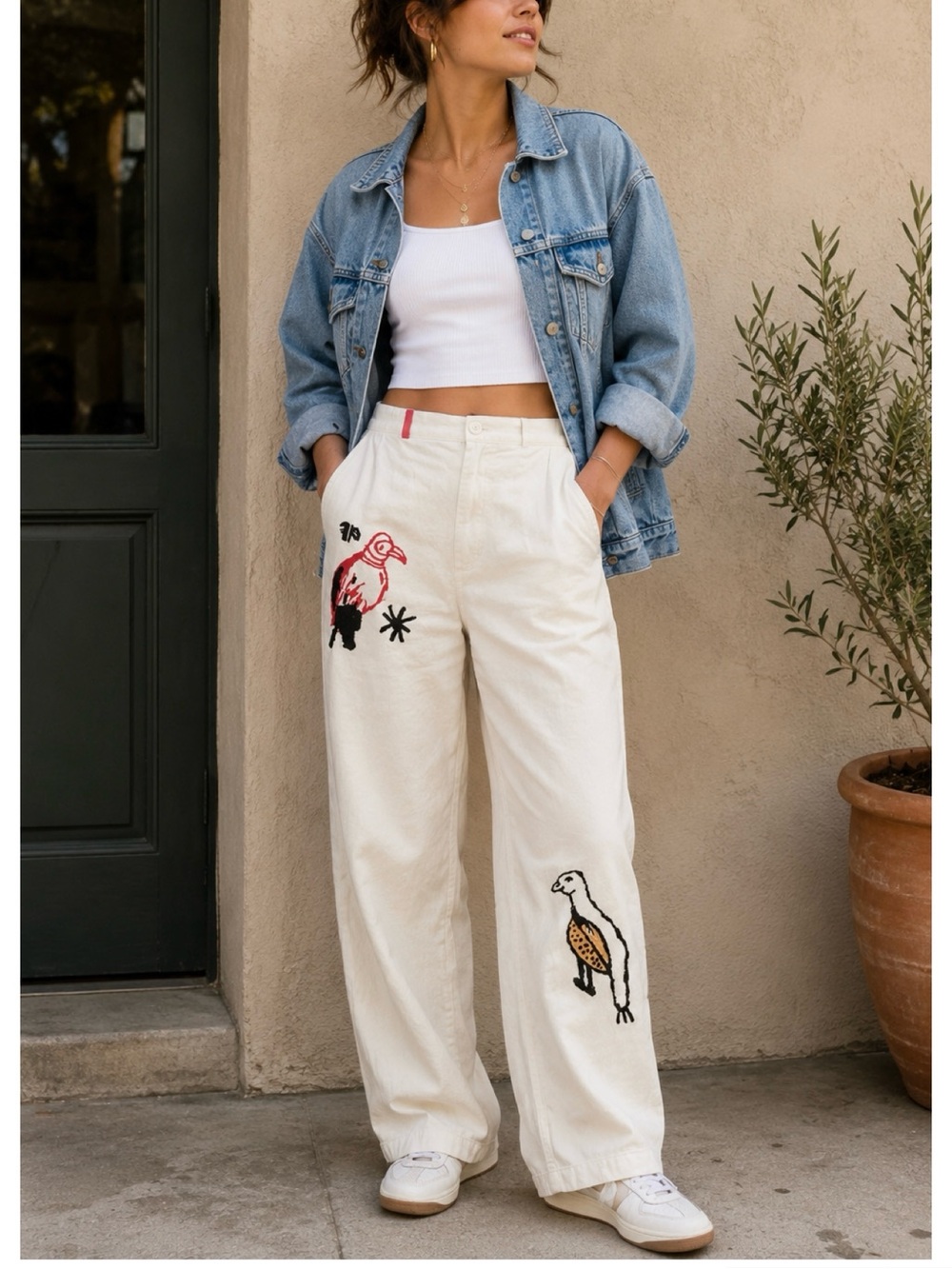 Volchok Birds white cotton embroidered ankle pants